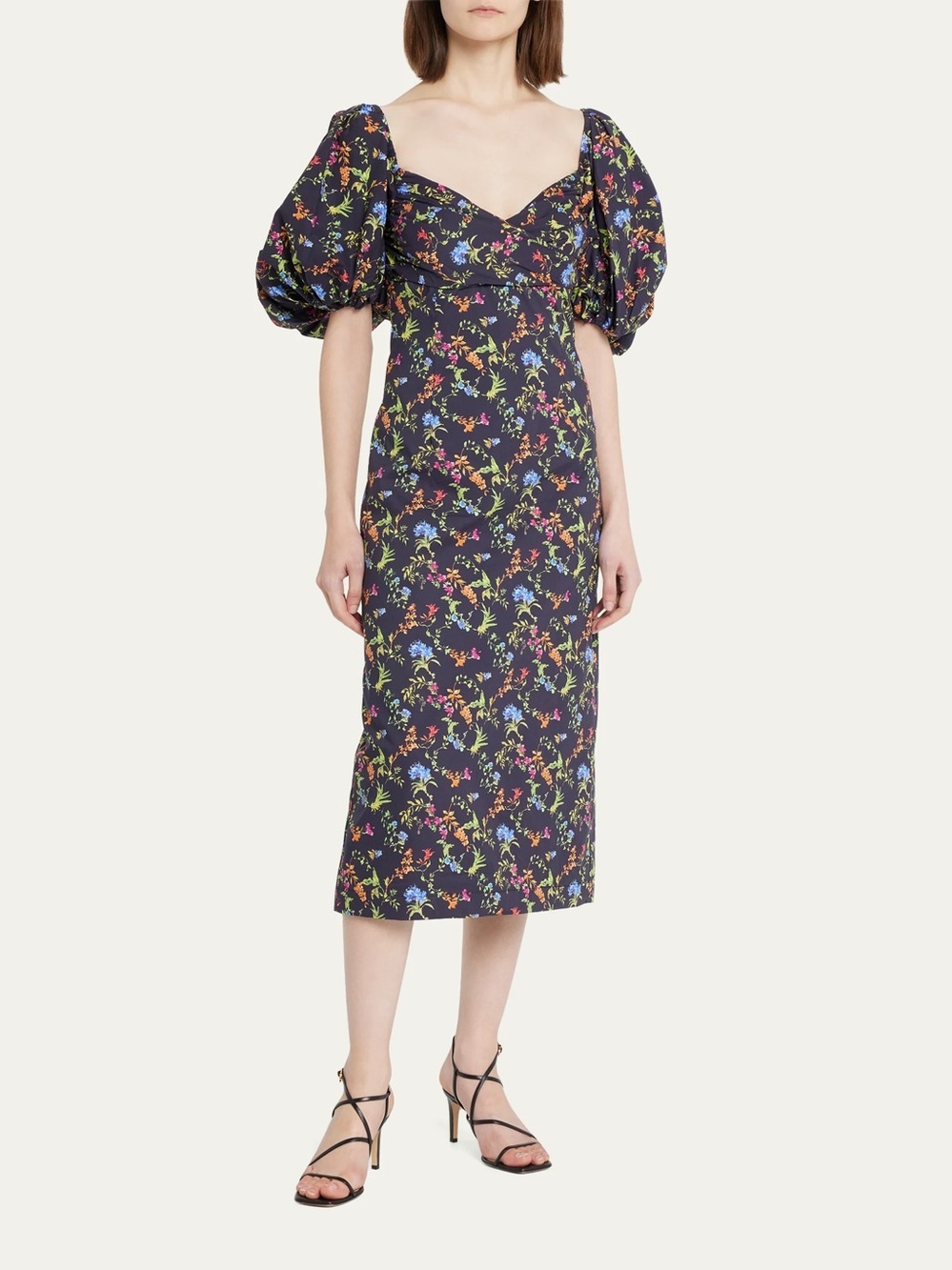 $350 CAROLINE CONSTAS Bridget Puff-Sleeve Floral Vented-Hem Midi Dress Medium